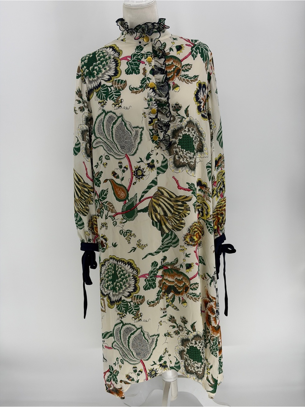 Tory Burch Happy Times Shift Asymmetric Floral Print Pleated Silk Dress Size 8